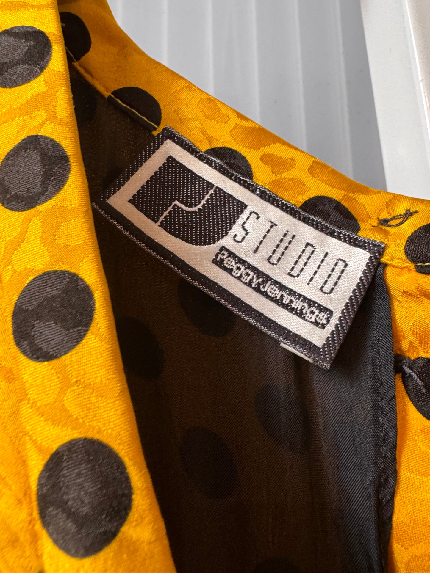 1980s Yellow & Black Polka Dot Blouson Dress