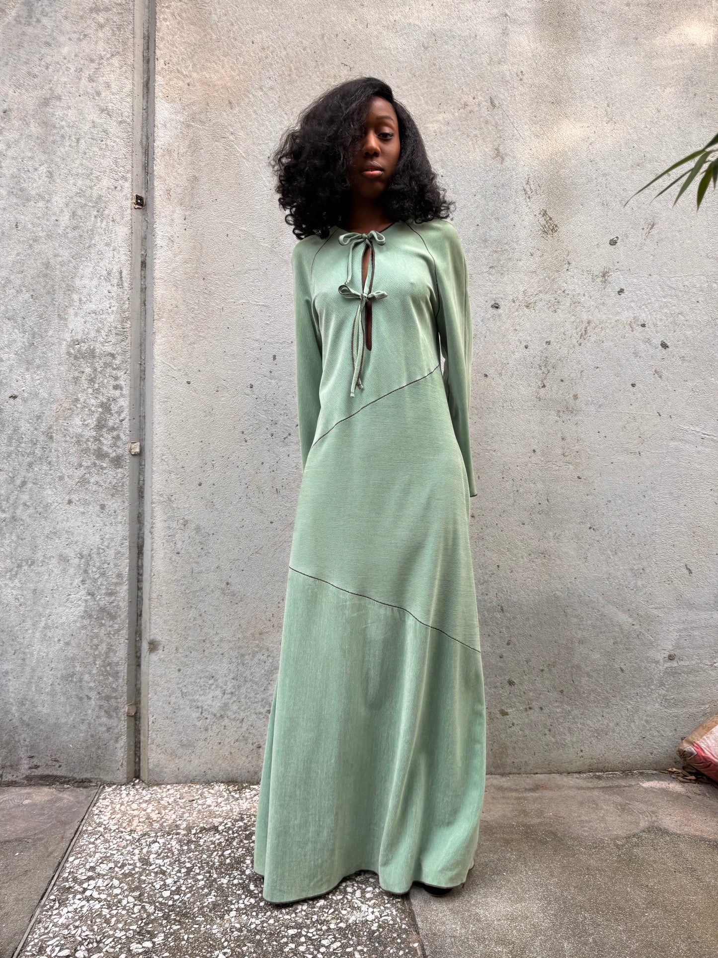 1970s Sage Green Dress with Brown Stitching
