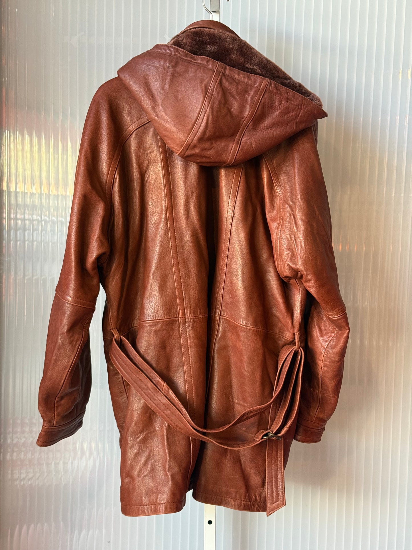 1990s Italian Lamb Leather Brick Colored Coat w/ Faux Fur Lining