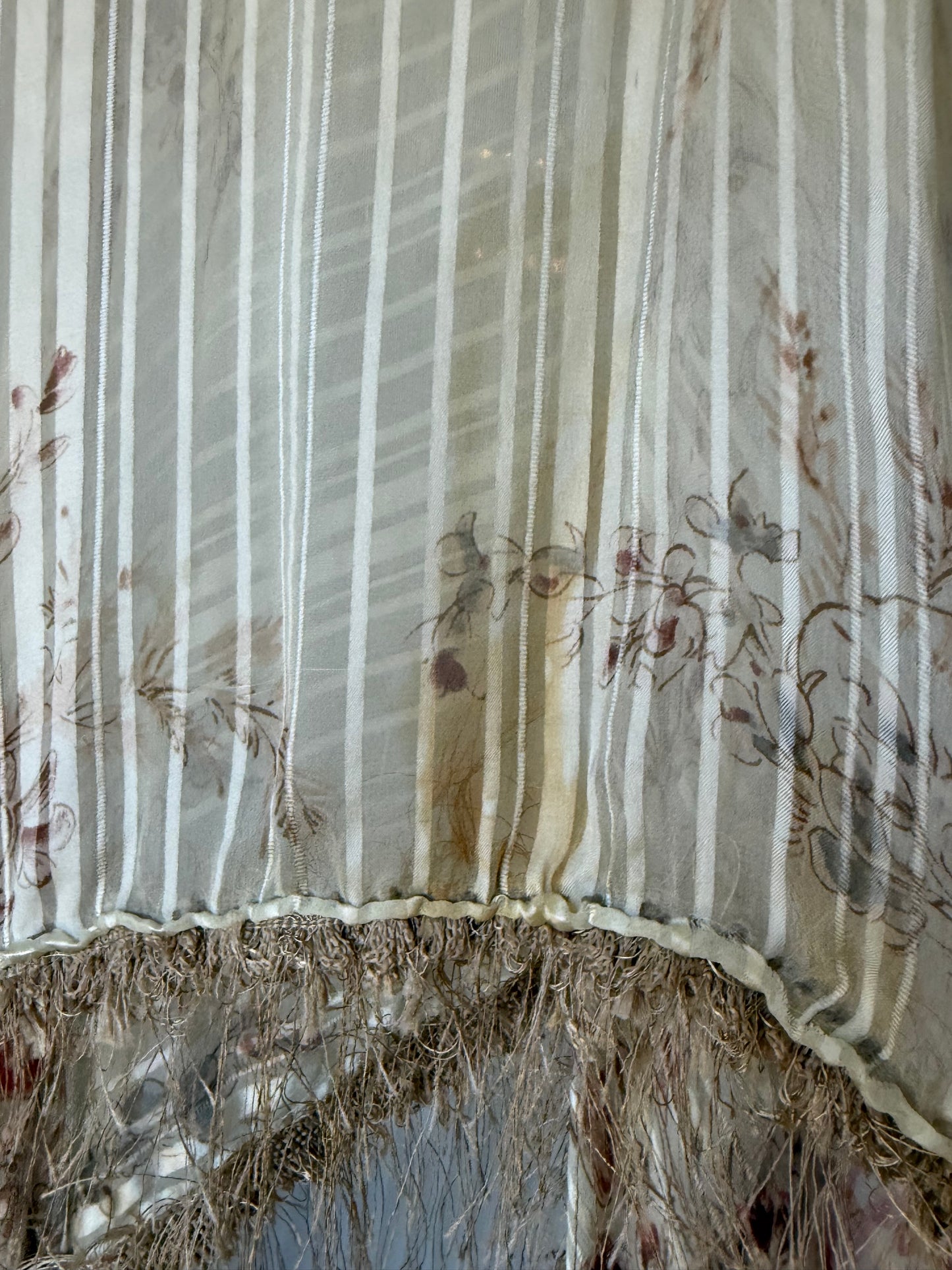 1970s Beige Floral Sheer Poncho w/ Straw Fringe