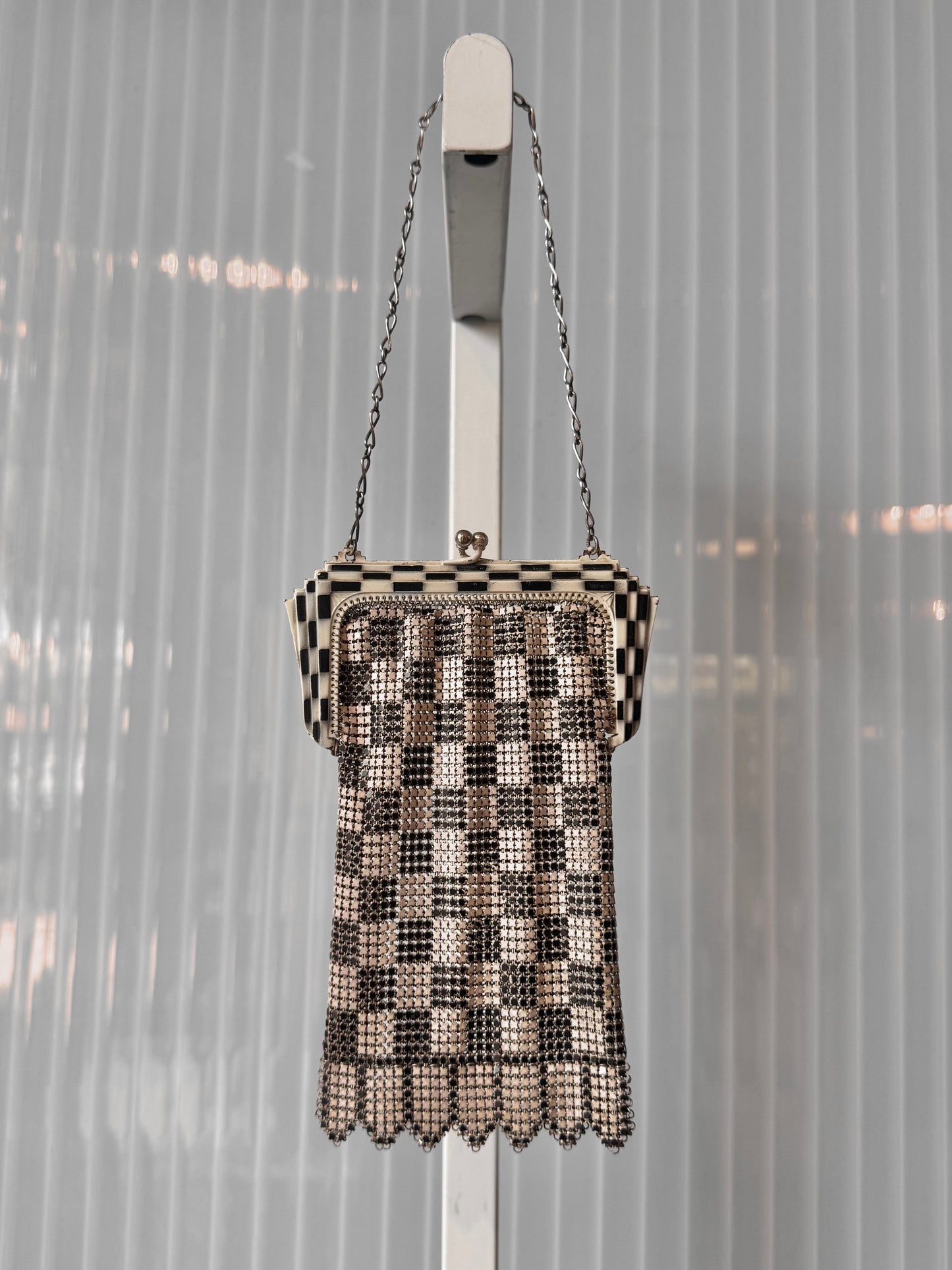 1920s White & Black Checkerboard Metal Mesh Flapper Purse