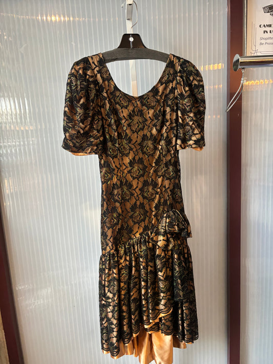 1980s Gold w/ Black & Green Lace Drop Waist Dress