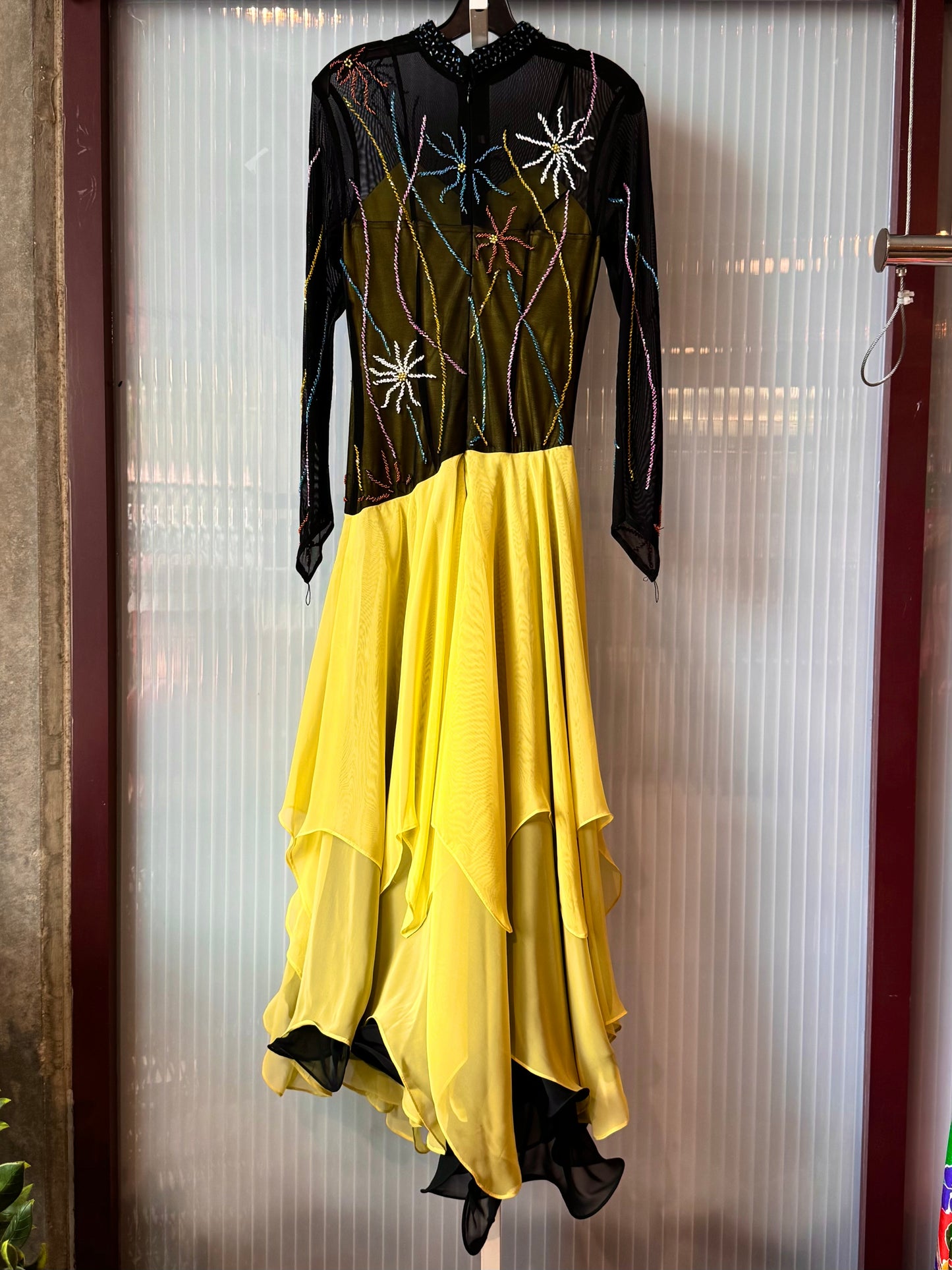 1980s Black & Fluorescent Yellow Ballroom Dance Dress with Colorful Beading