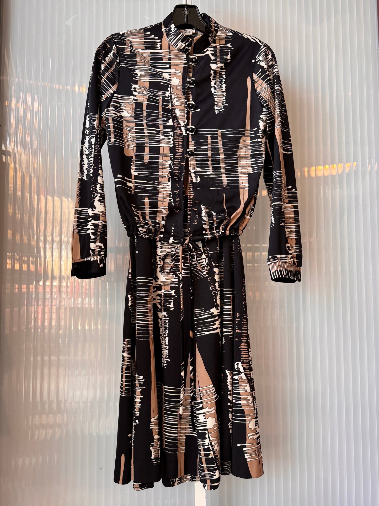 1970s Tan & Black Dress & Jacket Abstract Striped Set
