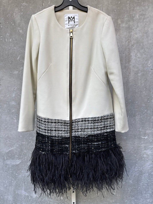 2000s Zip-Up White Coat with Tweed Stripe and Ostrich Feather Trim