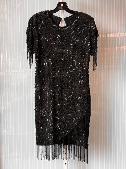 1980s Black Beaded Evening Dress w/ Bead Fringe