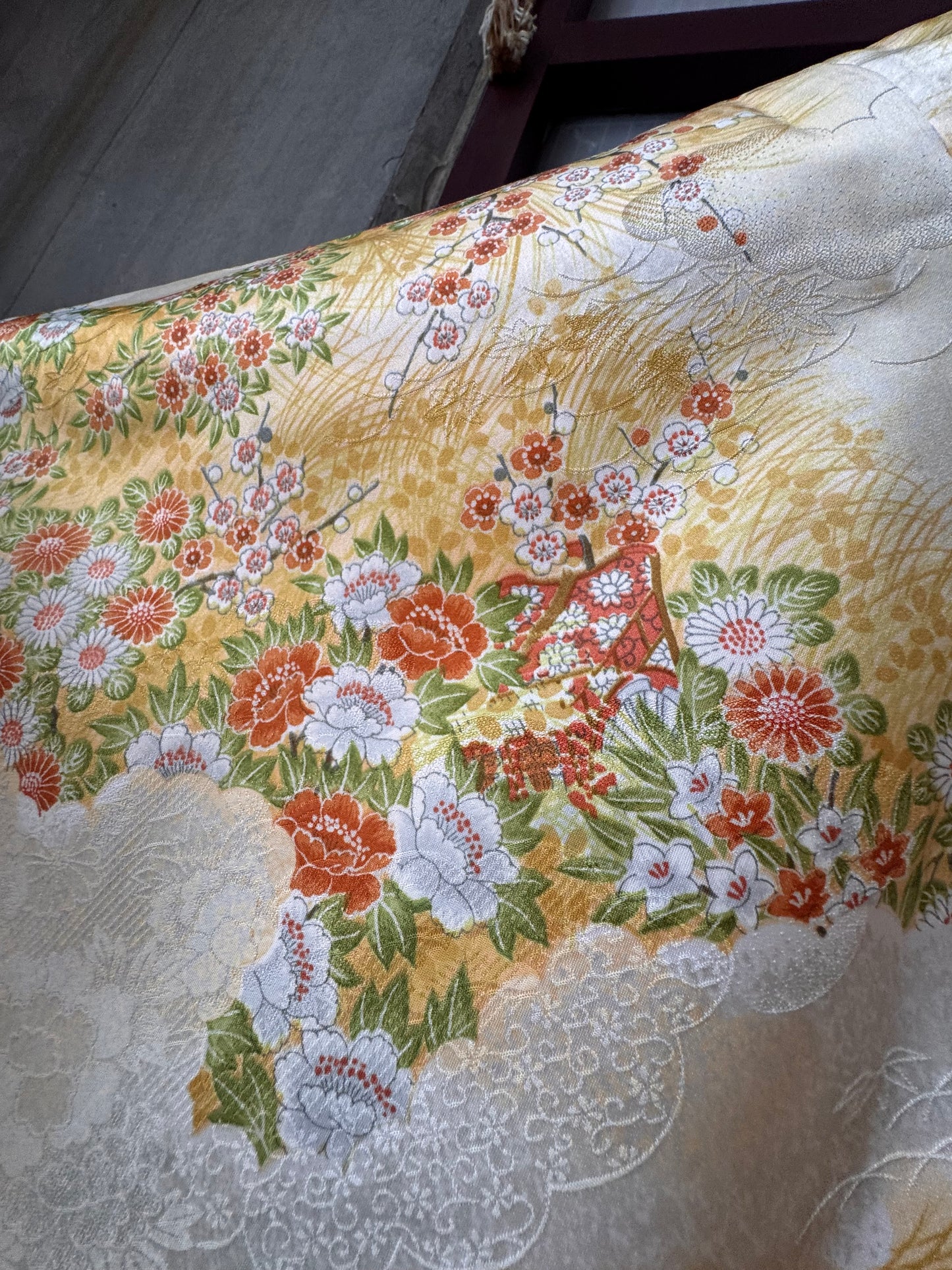 Vintage Yellow Kimono with Orange Floral Pattern
