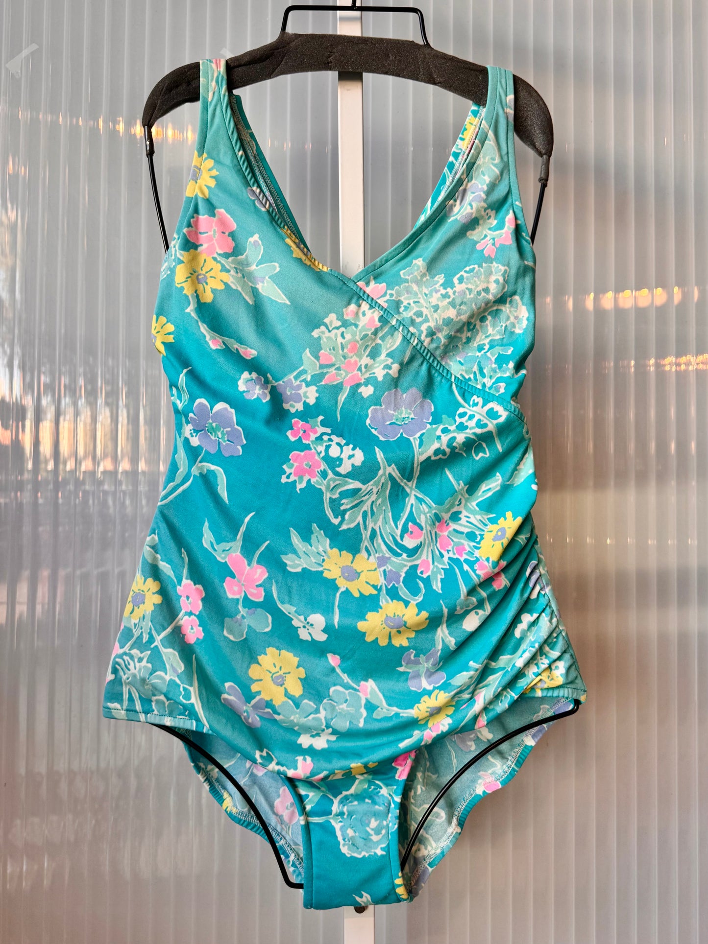 1980s Teal Floral Pastel Print One-Piece Swim Suit