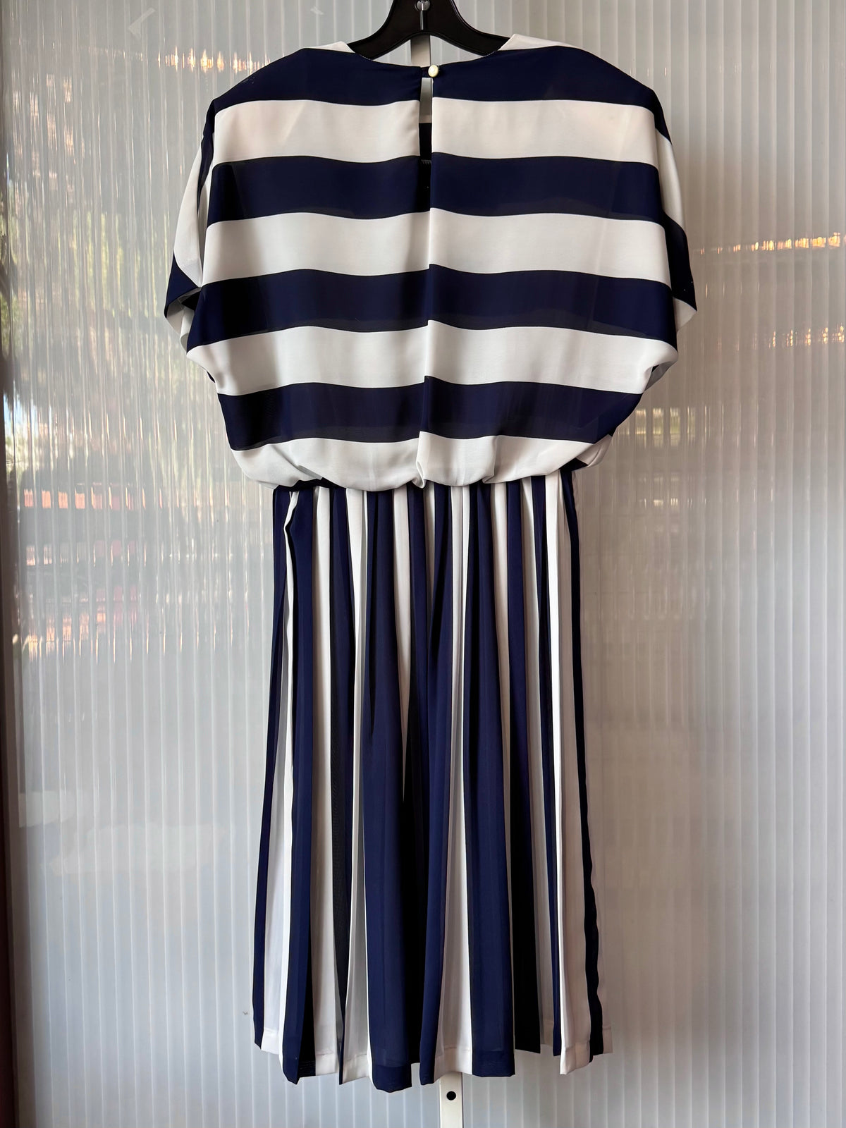 Early 1980s Navy Blue & White Striped Pleated Dress