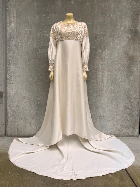 1970s Cream Wedding Dress with Tan Embroidery