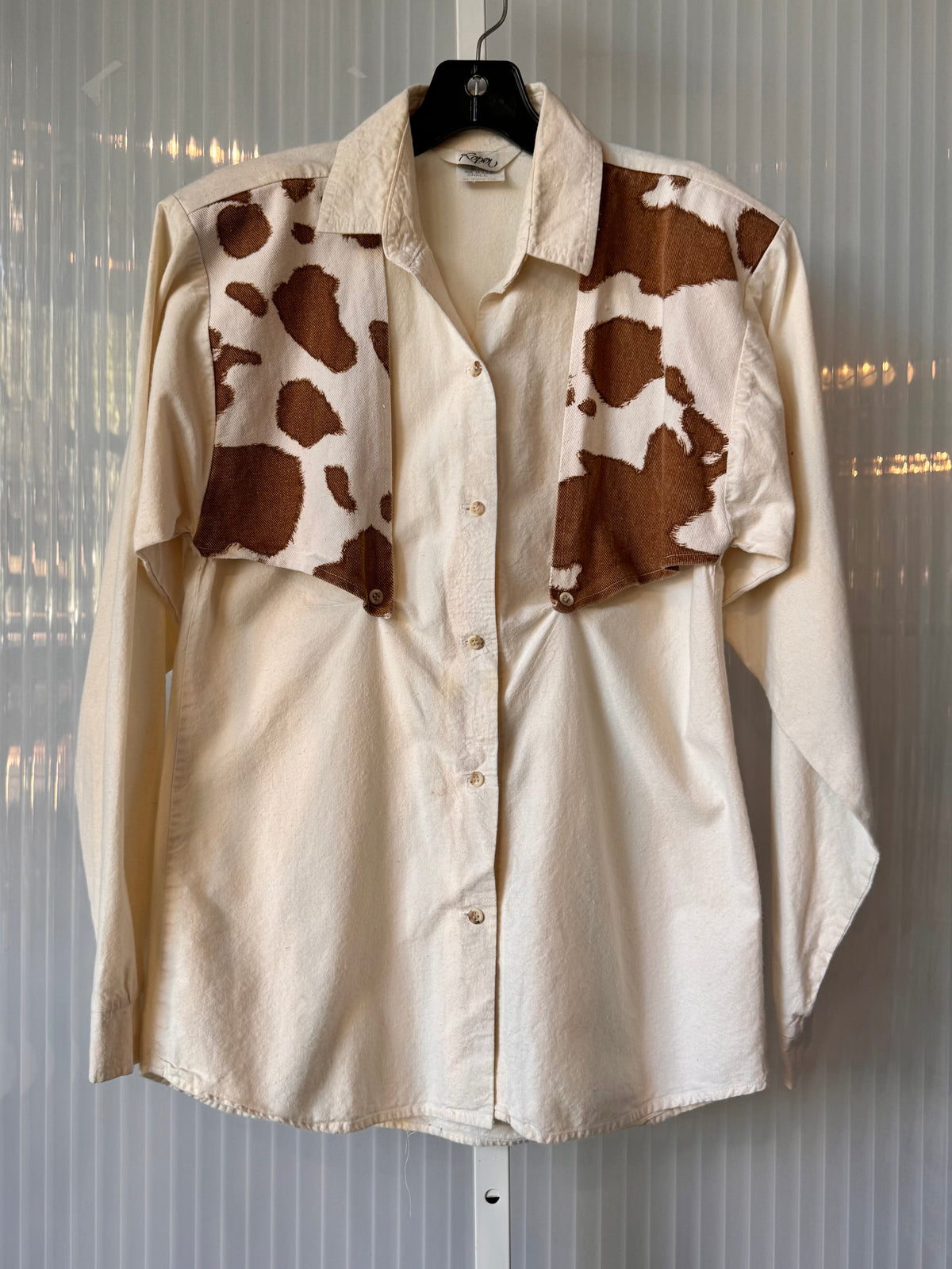 1980s White & Brown Cow-Print Western Shirt