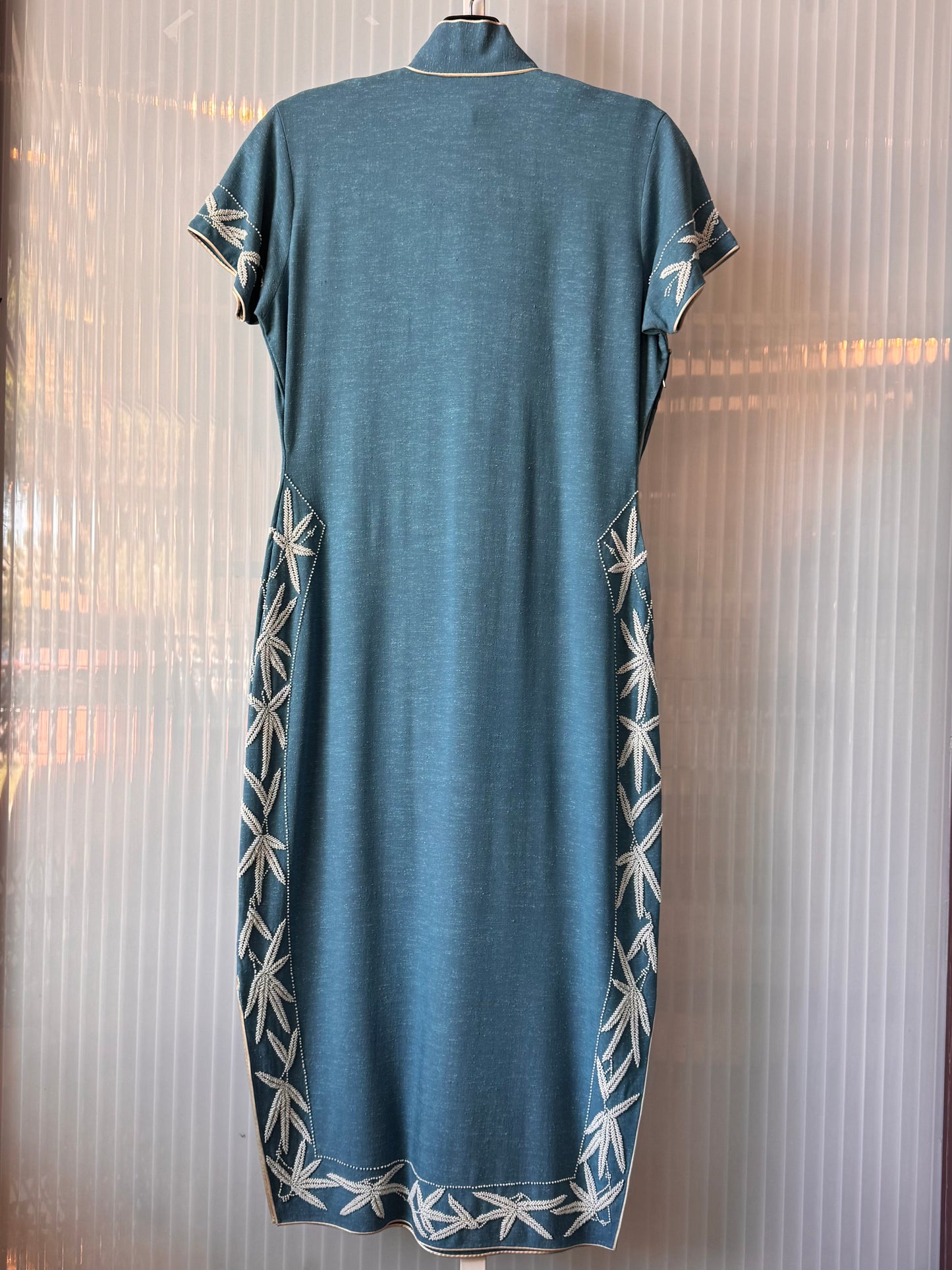 1960s Blue & White Floral Beaded Cheongsam Dress