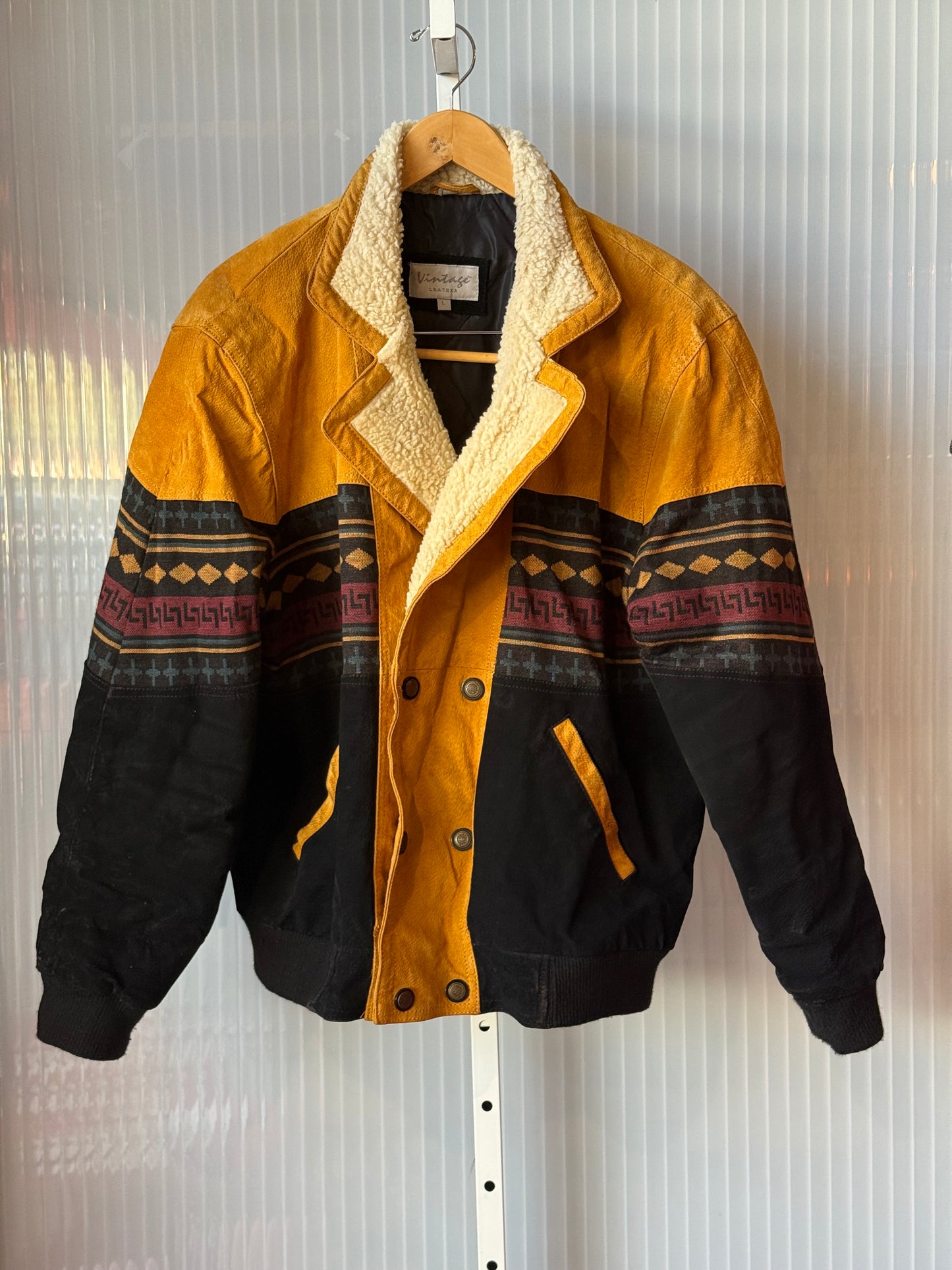 1990s Suede & Sherpa Coat w/ Knit Western Pattern