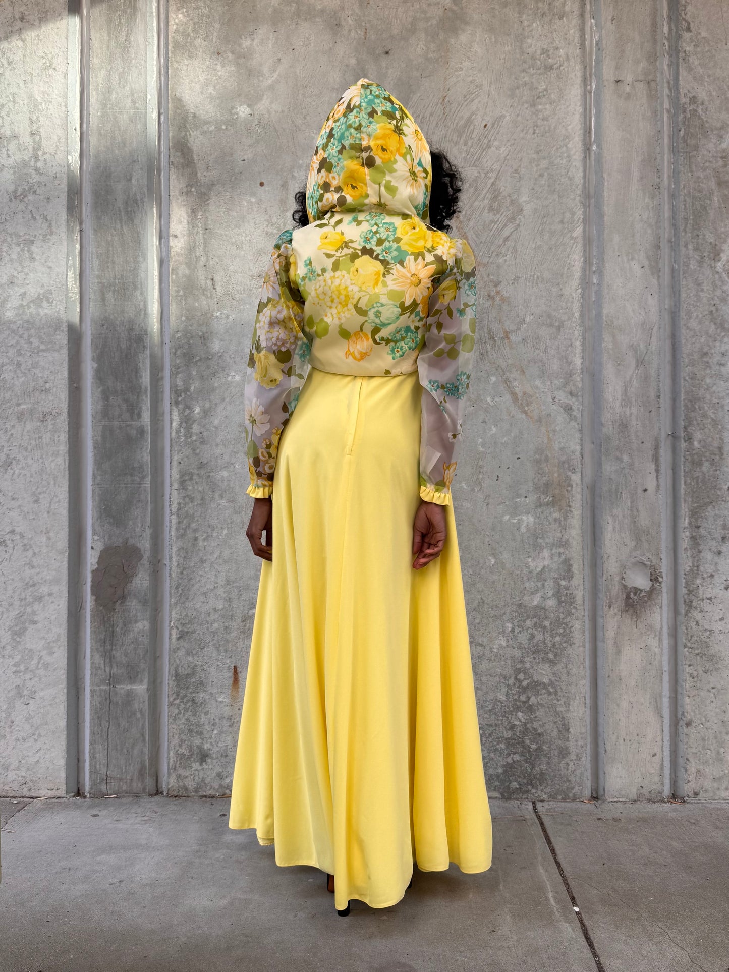 1960s Yellow Floral Empire Waist Dress with Hooded Jacket