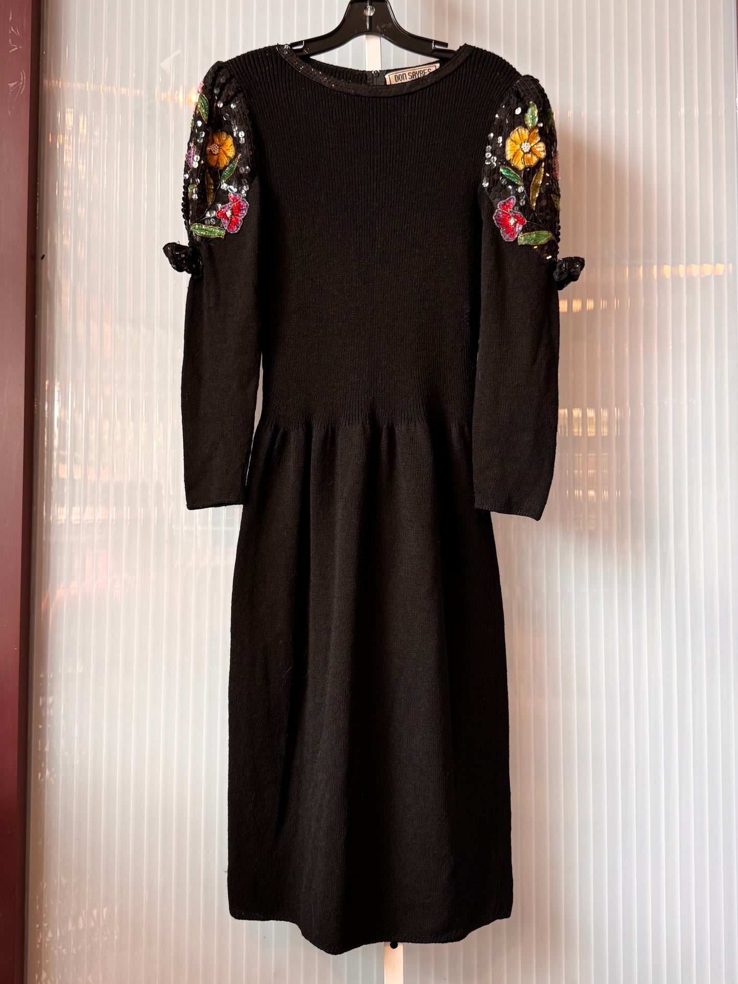 1980s Black Knit Formal Dress with Colorful Sequin Florals