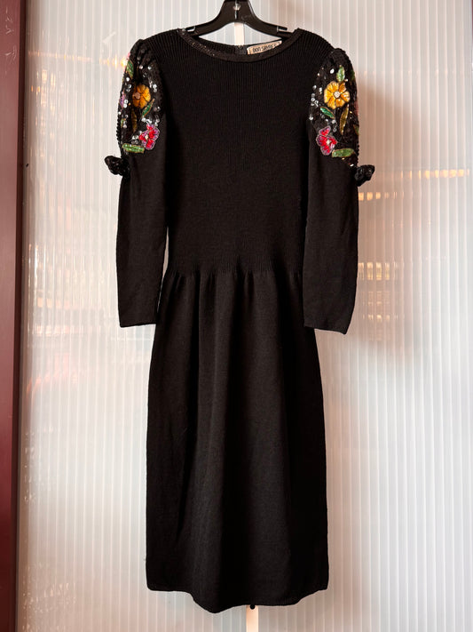 1980s Black Knit Formal Dress with Colorful Sequin Florals