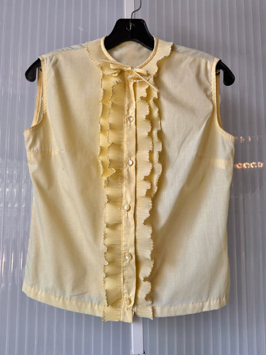 1970s Yellow Sleeveless Blouse w/ Pleated Ruffles & Bow