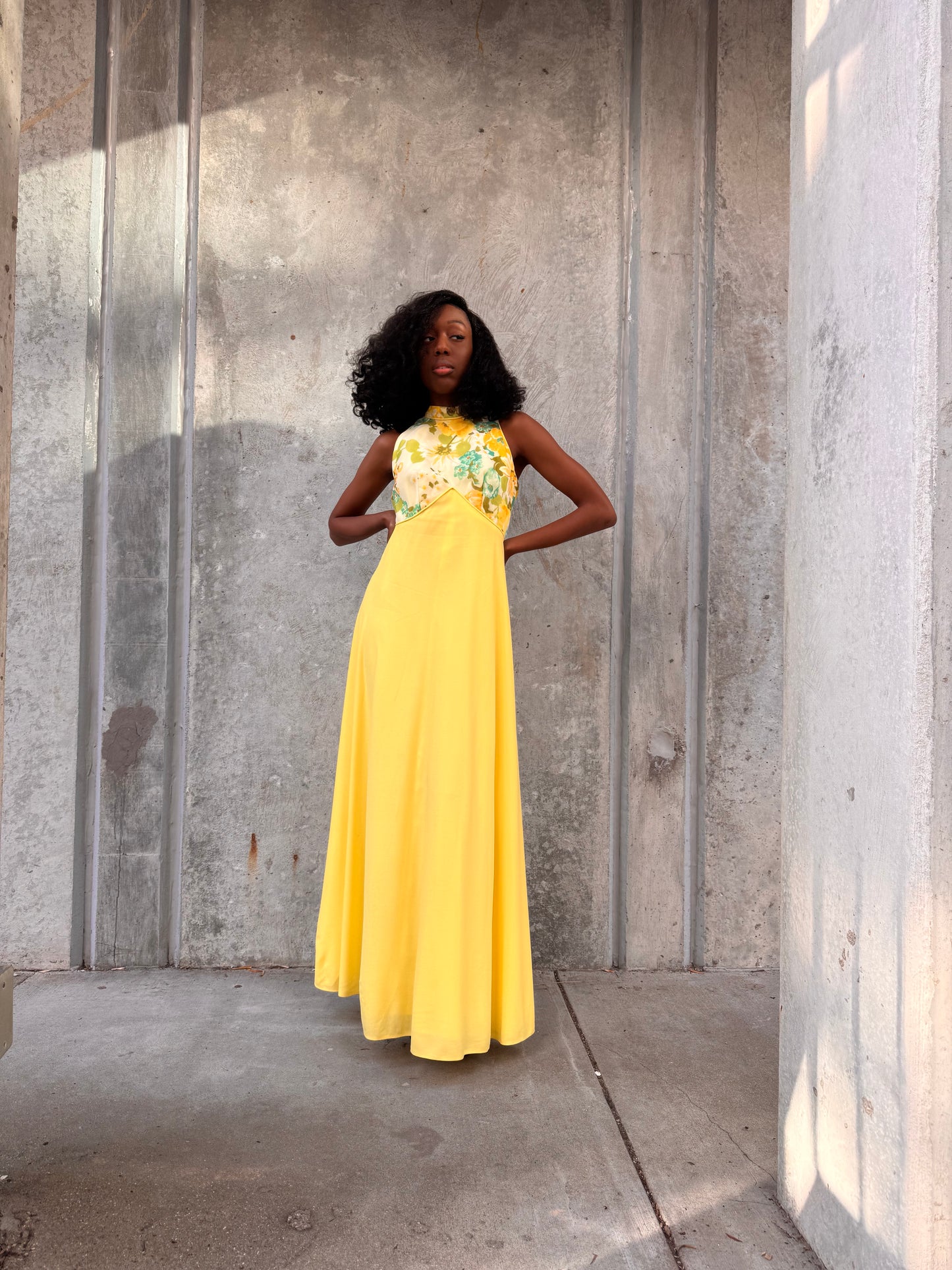 1960s Yellow Floral Empire Waist Dress with Hooded Jacket
