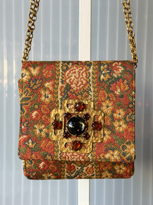 Tapestry Handbag w/ Gold & Stone Embellishment
