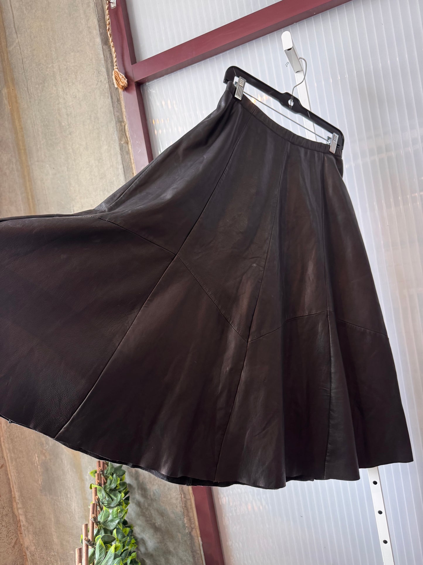 1980s Black Leather 3/4th Circle Skirt