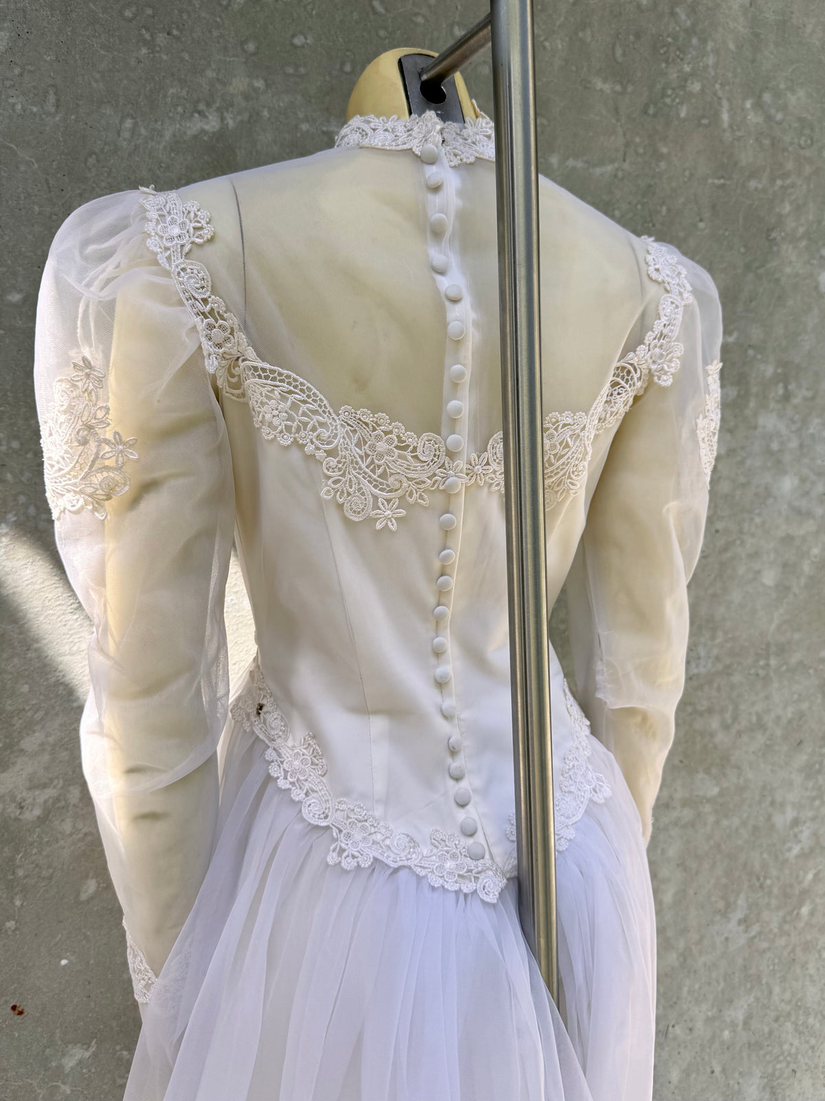 1980s White Lace & Organza Wedding Dress