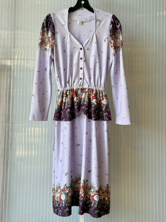 1970s Floral Print Lavender Peplum Dress
