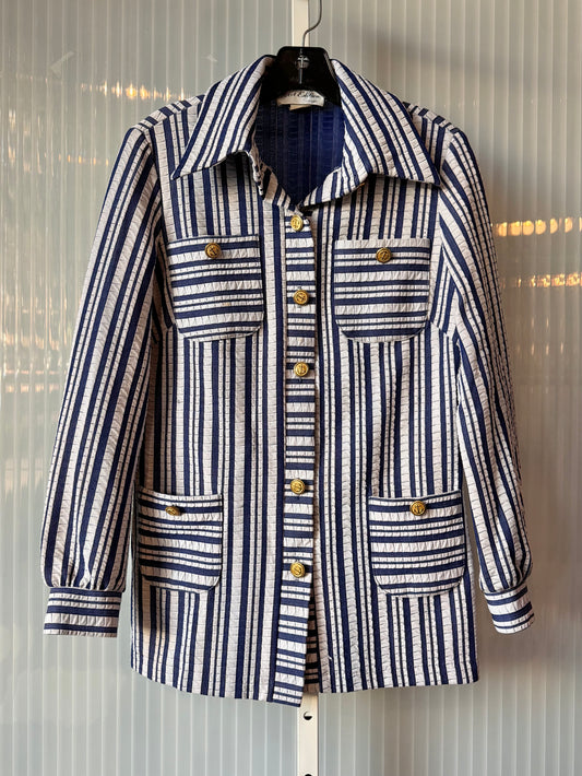 1970s Blue & White Striped Shacket with Gold Anchor Buttons