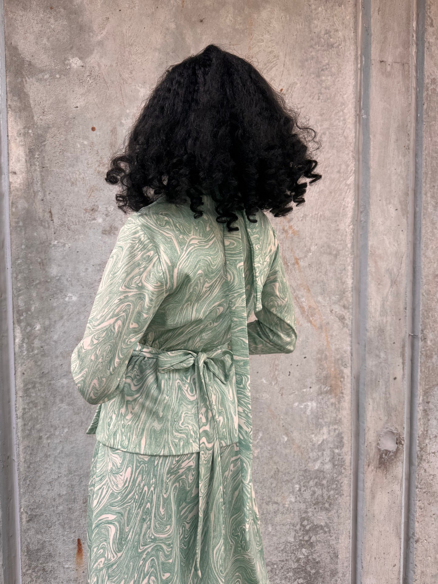 1970s Marbled Teal Dress & Wrap Jacket Set