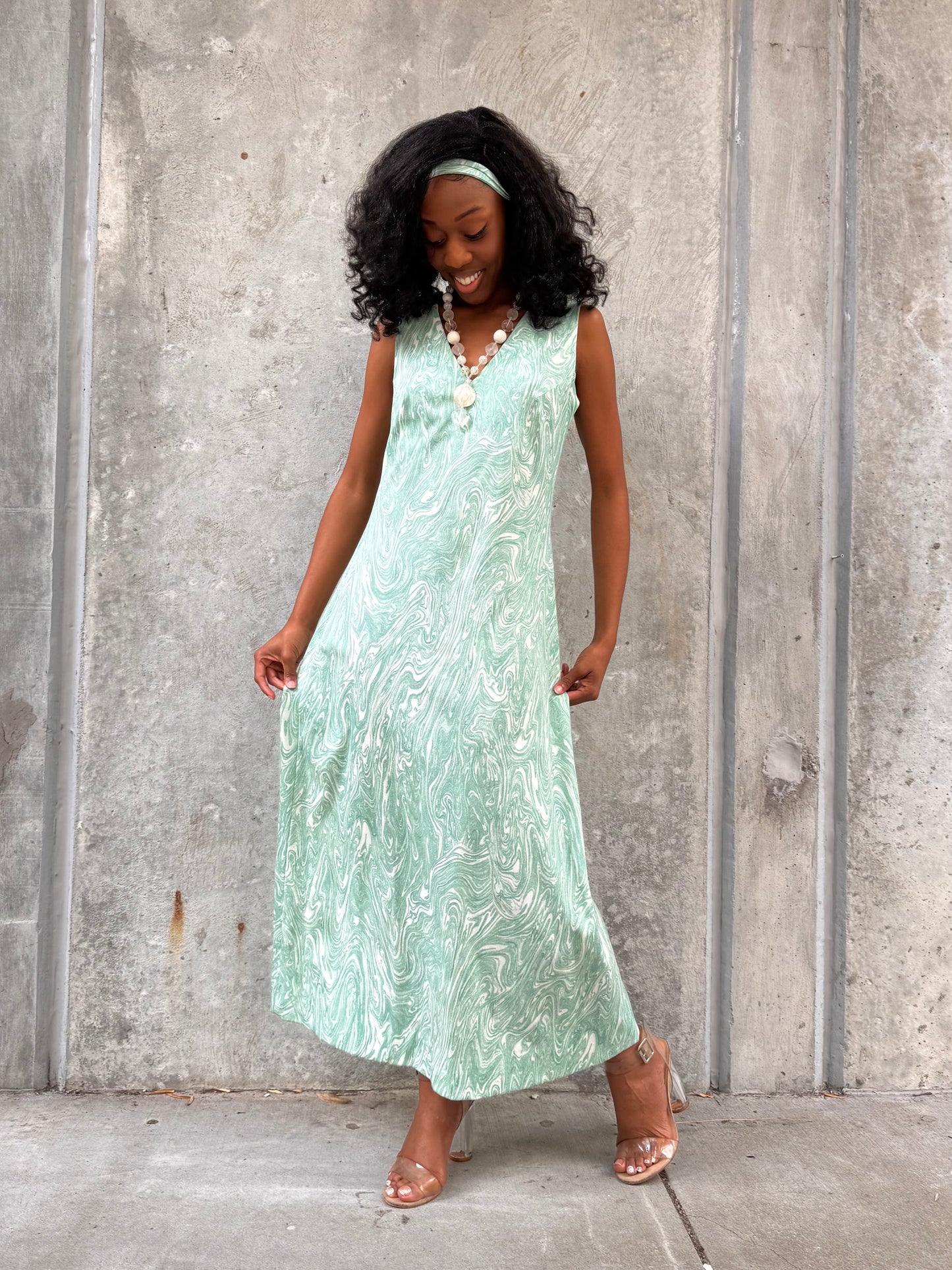 1970s Marbled Teal Dress & Wrap Jacket Set