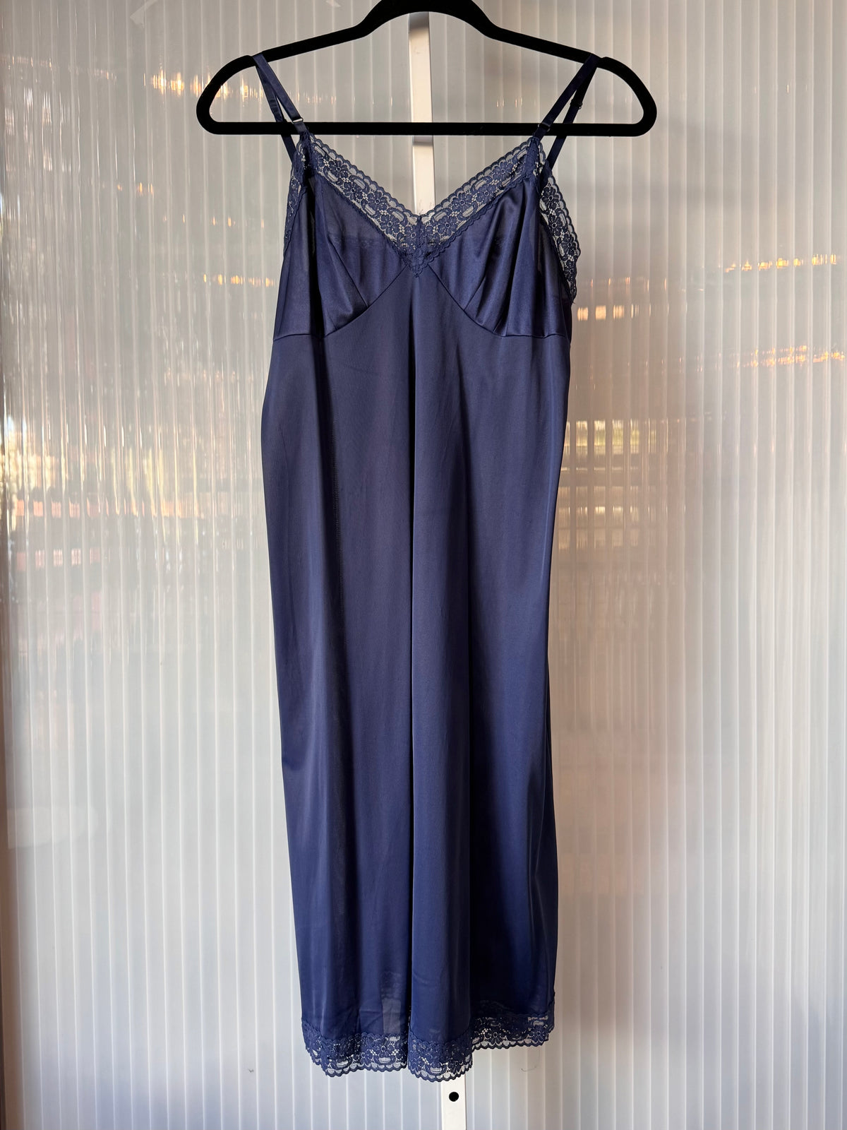 1970s Navy Blue Slip with Lace Trim