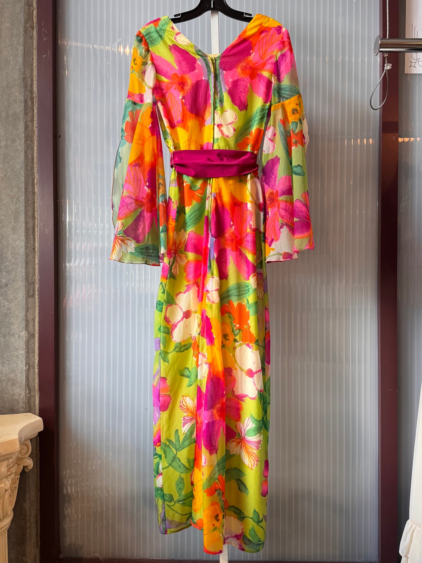 1970s Multicolor Floral Bell Sleeve Maxi Dress