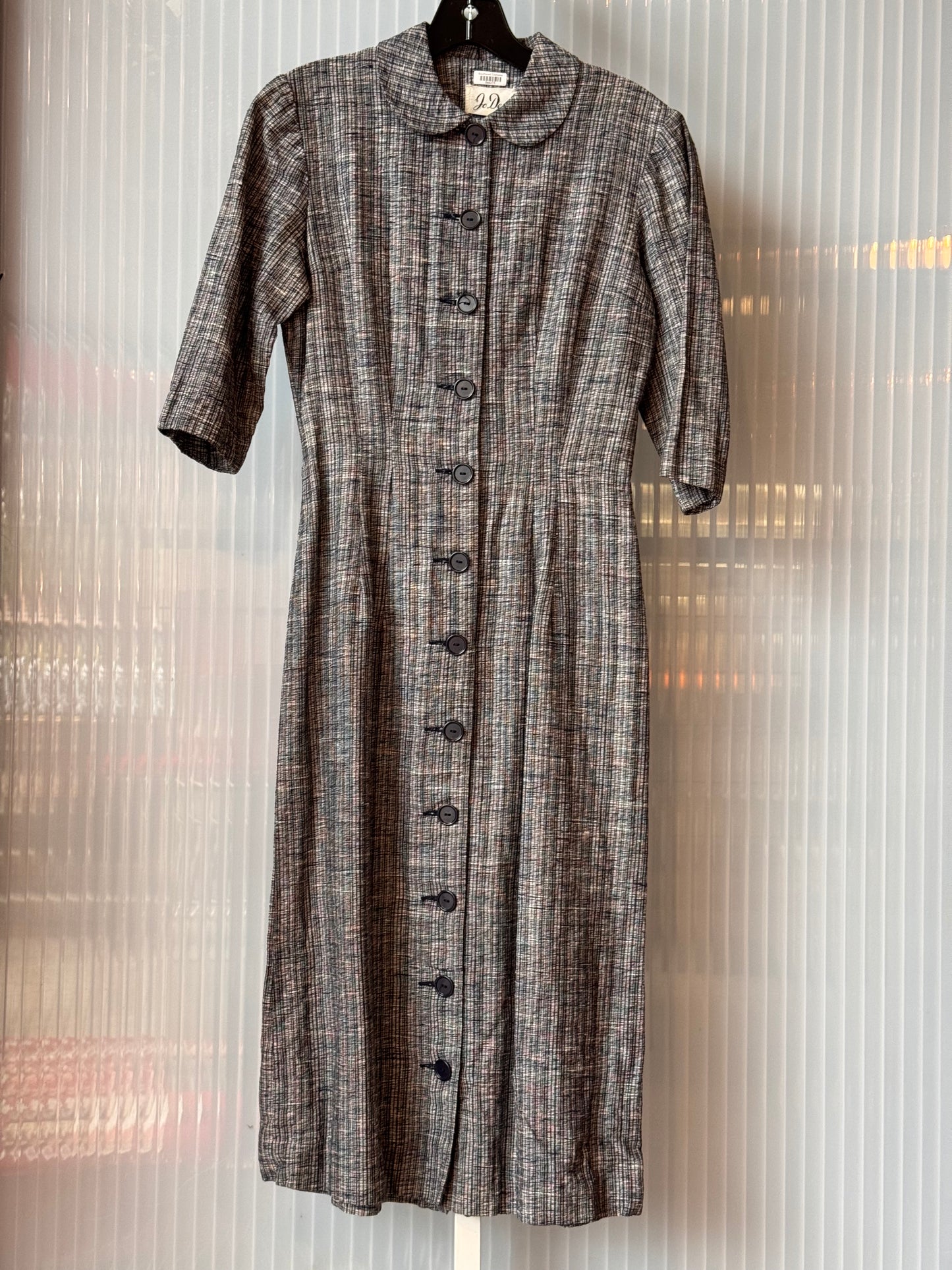 1970s Grey Cross Hatch Button-Front Midi Dress