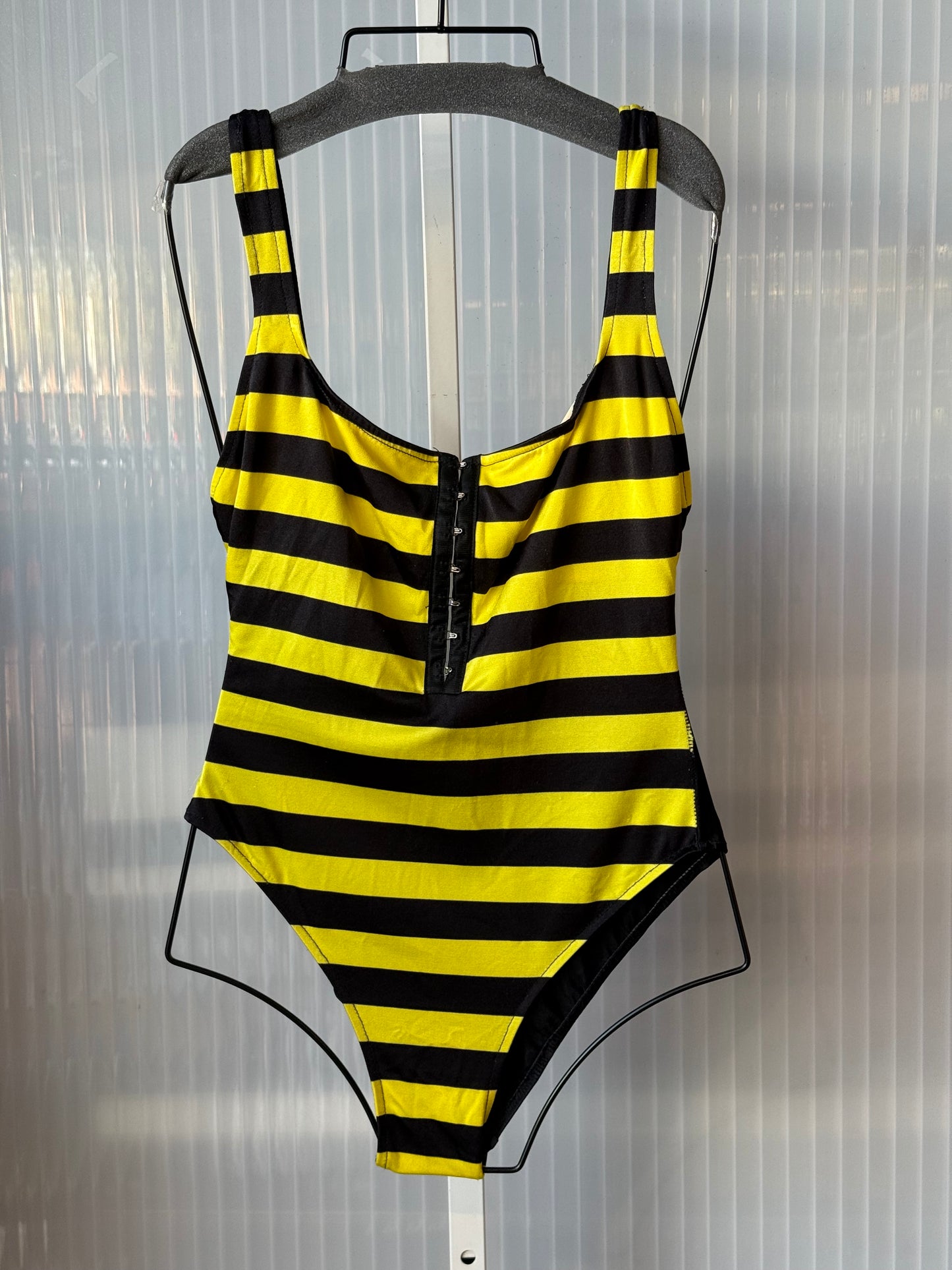 1980s Yellow & Black Striped One-Piece Snap-Front One Piece Swimsuit