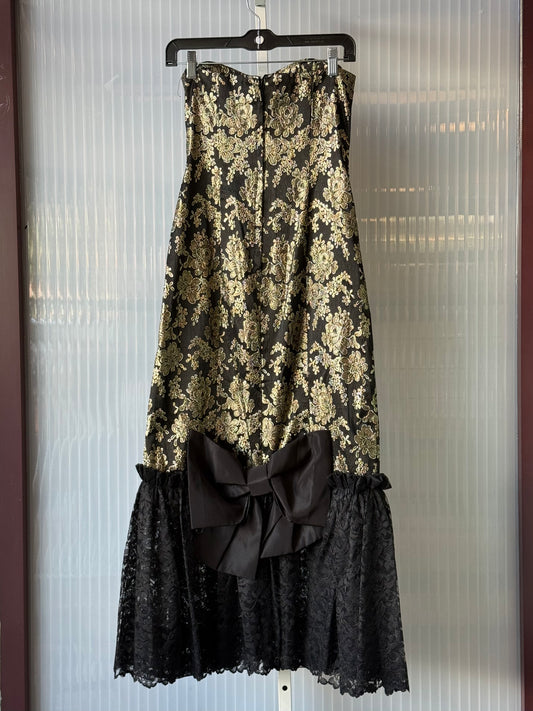 1980s Black & Gold Lace Strapless Evening Gown