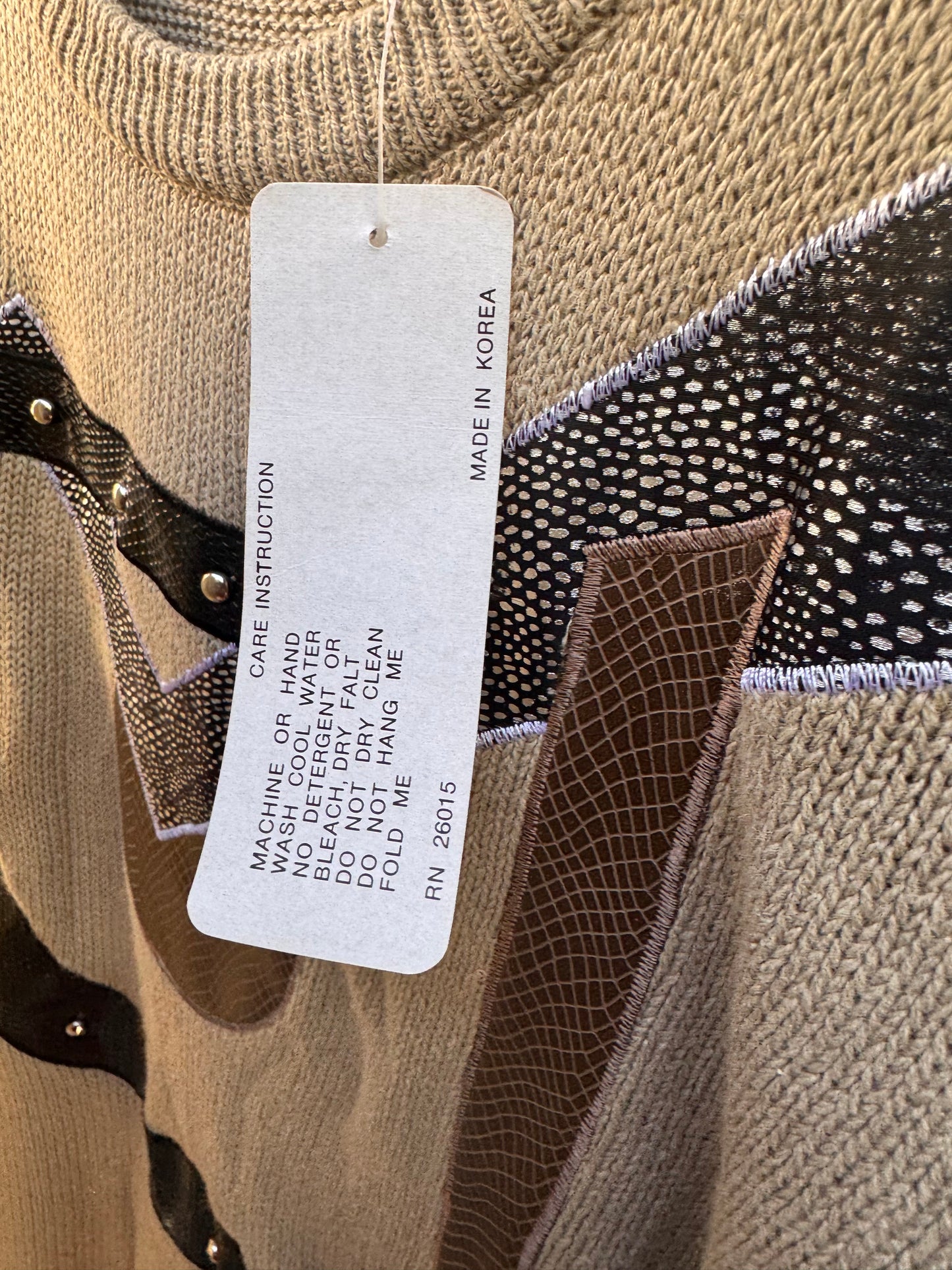 1980s Tan Knit Sweater Top with Metallic Graphics