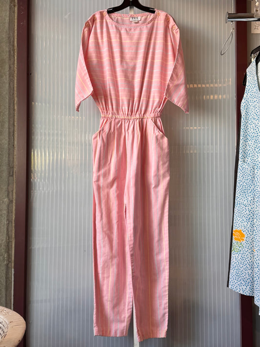 1980s Pastel Pink Striped Dolman Sleeve Jumpsuit