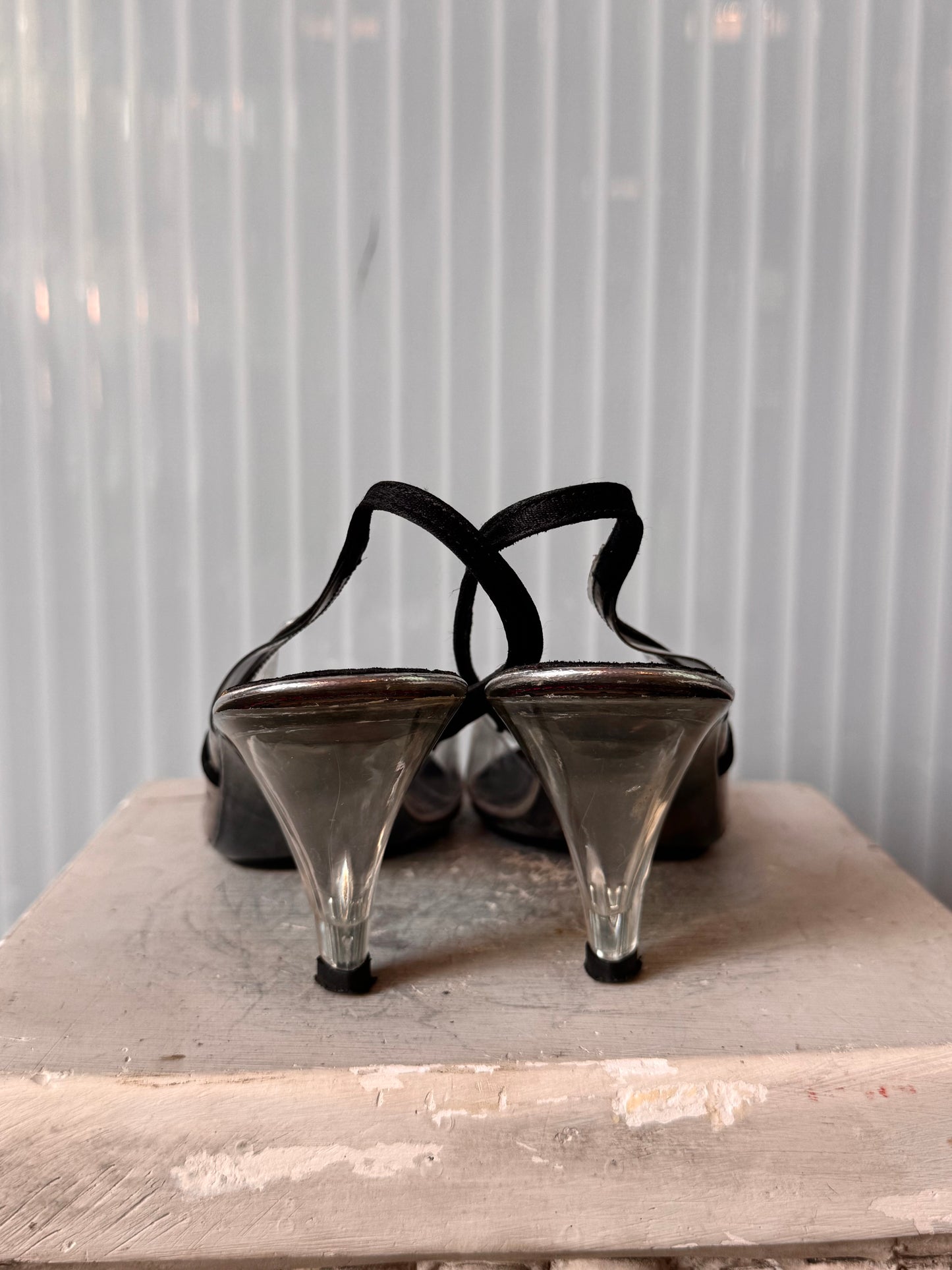 1980s Black & Clear PVC Peep-toe Slingback Heels