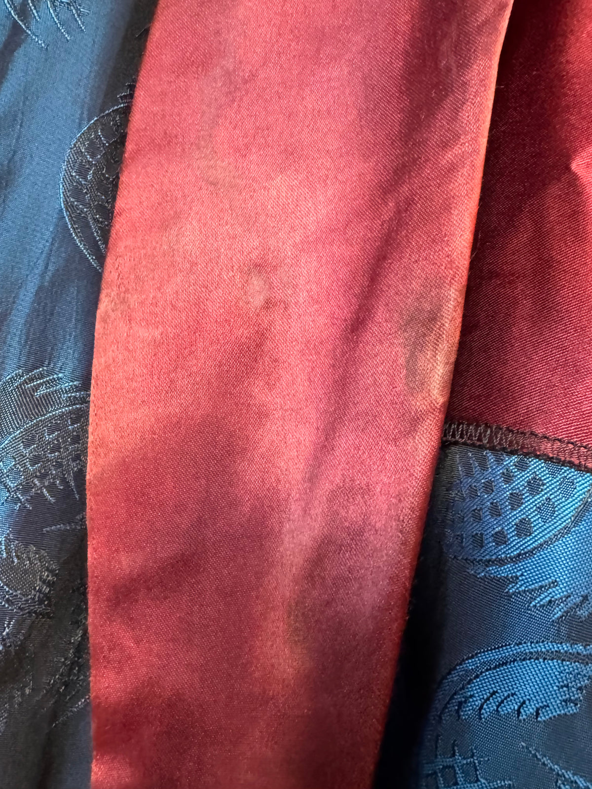 1960s Dark Teal Blue & Burgundy Satin Smoking Robe
