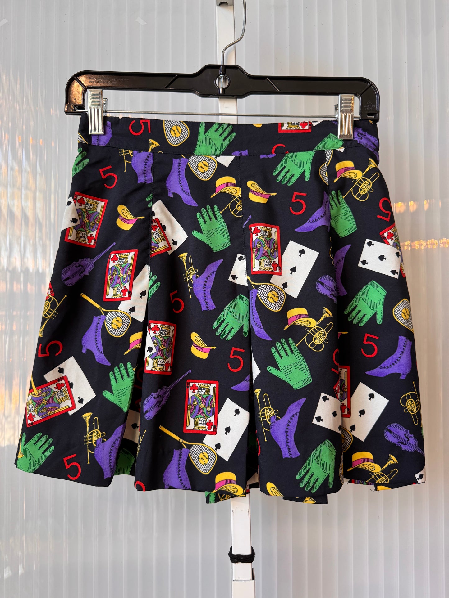 1980s Black Marti Gras Multicolor Print Pleated Skirt