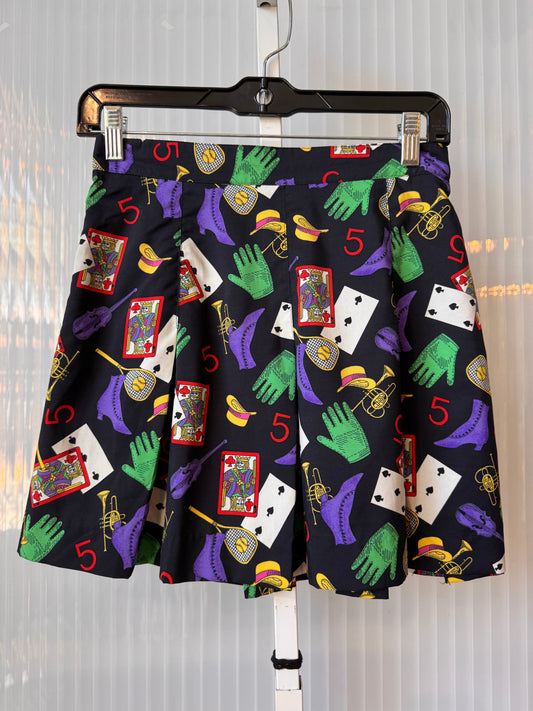 1980s Black Marti Gras Multicolor Print Pleated Skirt