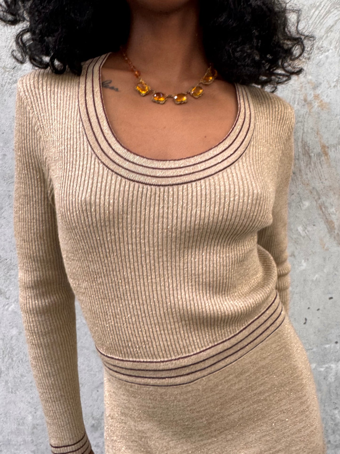 1970s Gold Sparkle Floor Length Knit Dress