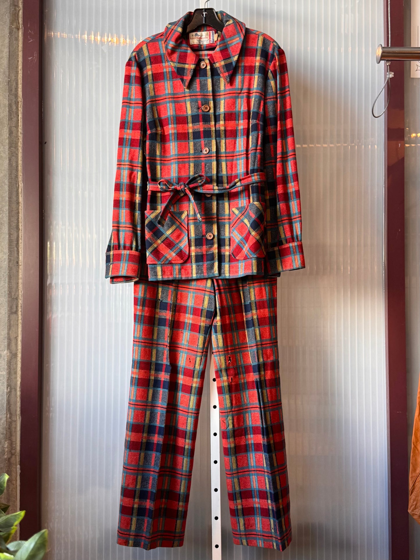 1970s Red Plaid Wool Point-Collar Jacket & Pants Set