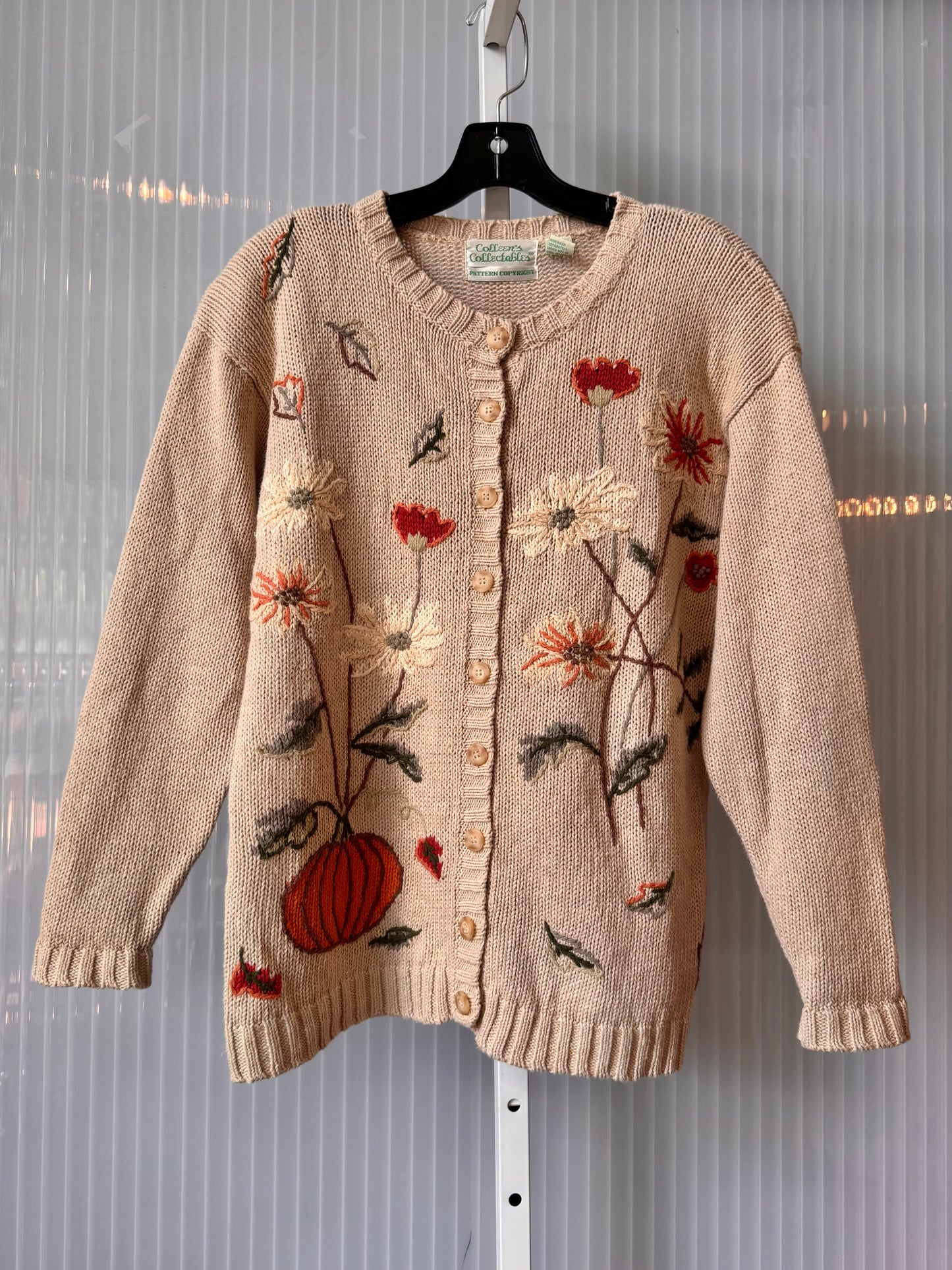 1980s Beige Knit Cardigan with Orange Pumpkin & Floral Embroidery