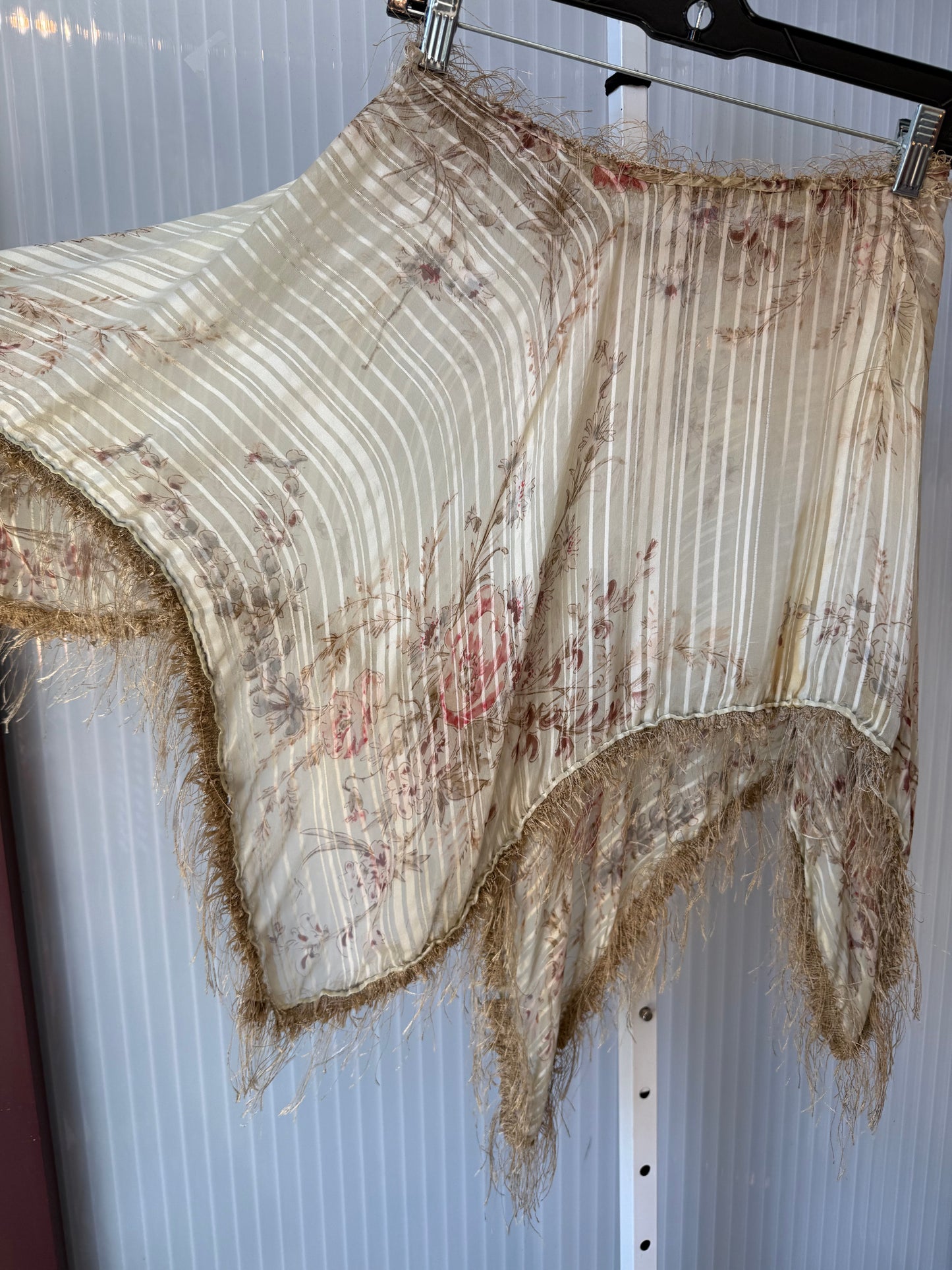 1970s Beige Floral Sheer Poncho w/ Straw Fringe