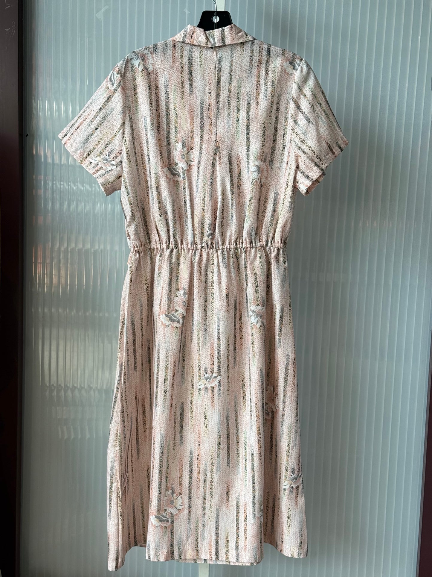 1970s Pink Shirtwaist Dress w/ White & Green Abstract Floral Stripes