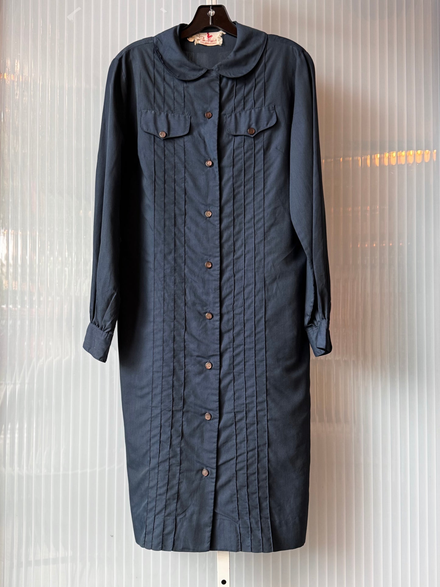 1960s Navy Blue Pintuck Button-Up Shift Dress