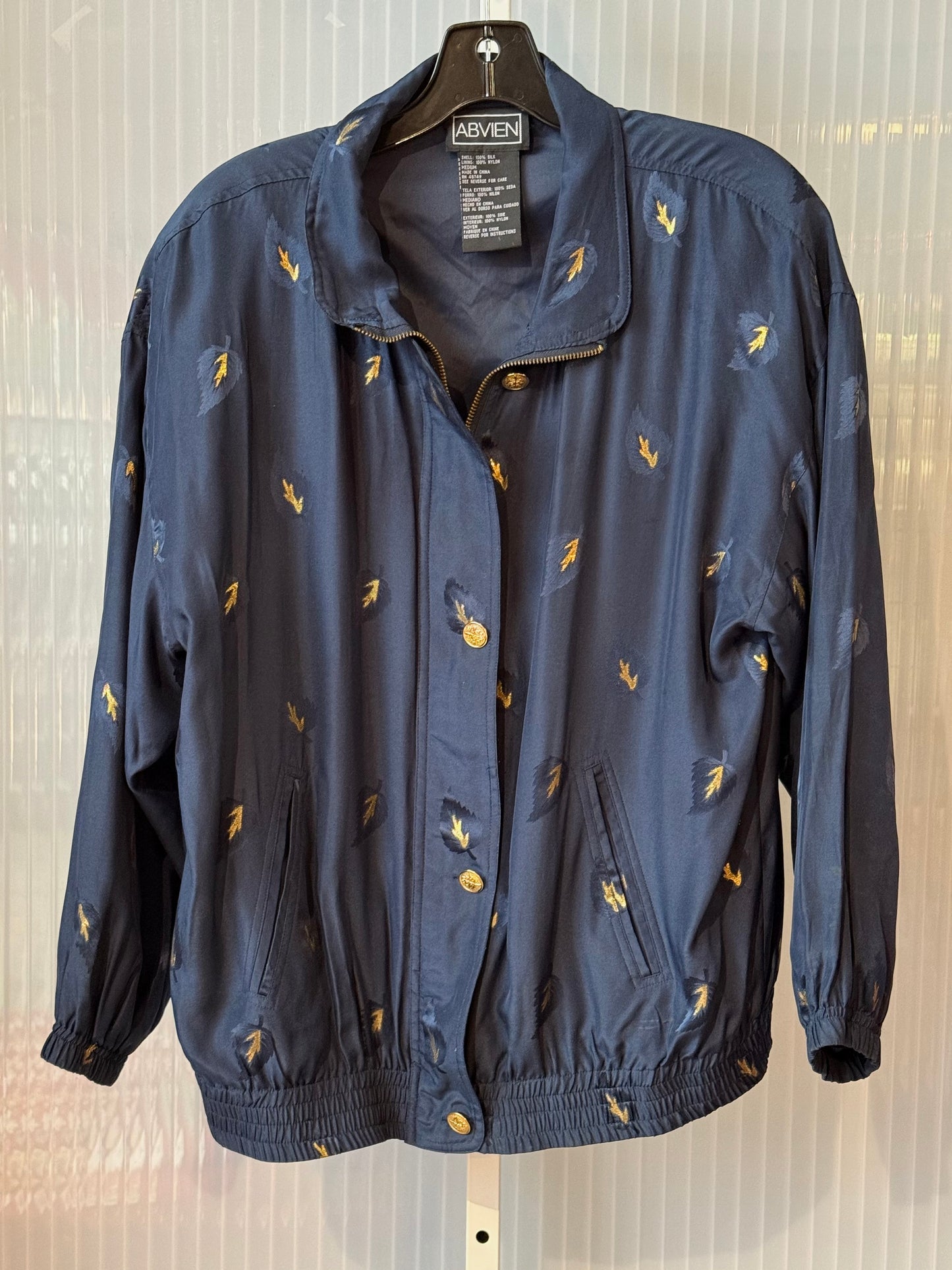 1990s Navy Silk Windbreaker Jacket w/ Gold Details