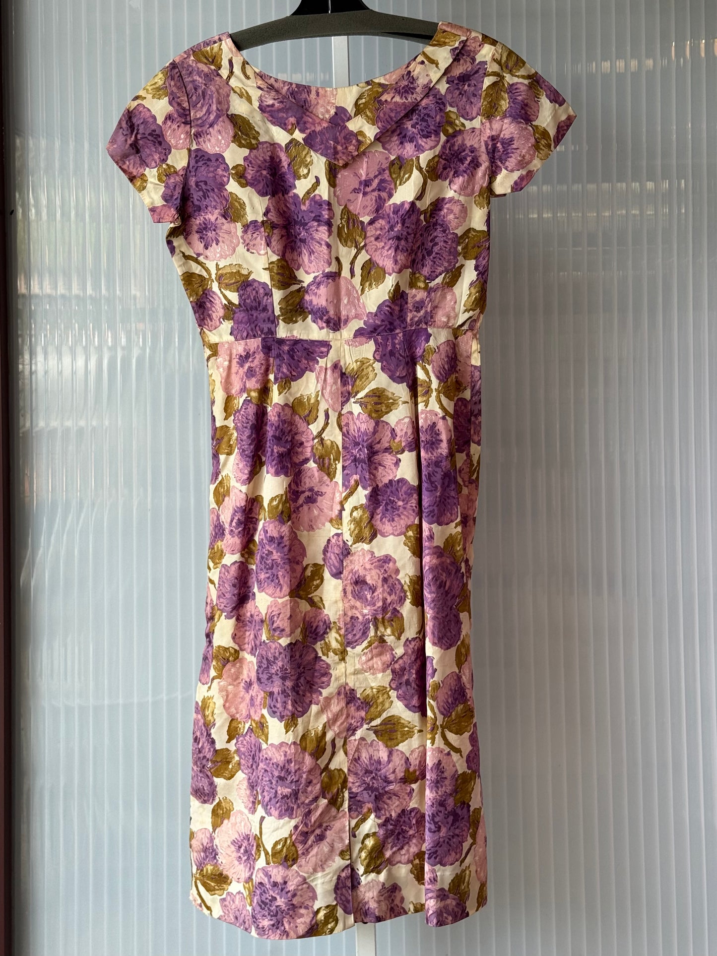 1960s Purple Floral Empire Waist Sheath Dress