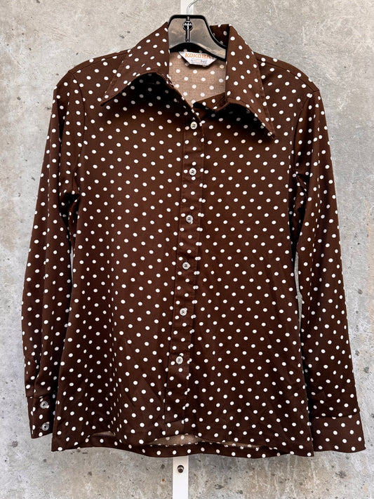 1970s Brown Polka Dot Pointed-Collar Blouse