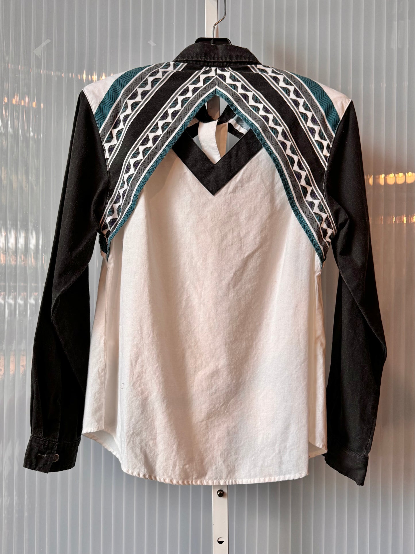 1980s Black White Teal Western Button-up Shirt